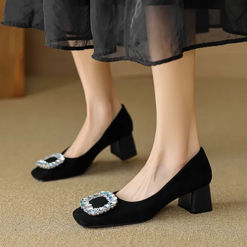 Women Vintage Suede Square Toe Pumps With Crystal Buckle 5cm Block Heel Slip On Office Party Black Dress Shoes