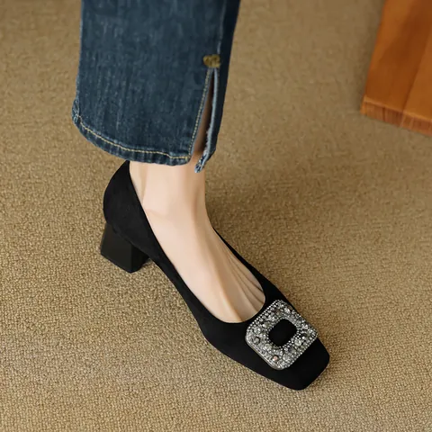 Women French Vintage Square Toe Chunky Heel Pumps Rhinestone Buckle Black Suede Elegant Dress Shoes Wedding Party Office