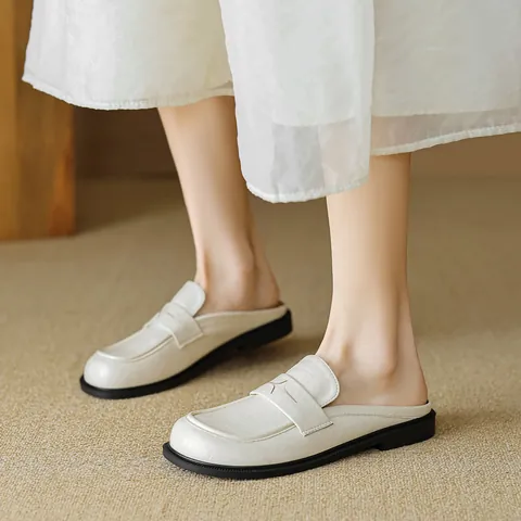 Women's Retro Loafer Mules Slip-on Flat Slippers Round Toe Backless Casual Shoes Microfiber Upper Rubber Sole Black Apricot