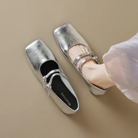 Women's Mary Jane Flat Shoes Retro Square Toe Double Thin Straps Buckle Microfiber Leather Ballet Flats For Daily Office Lady Comfortable Soft Sole Shoes