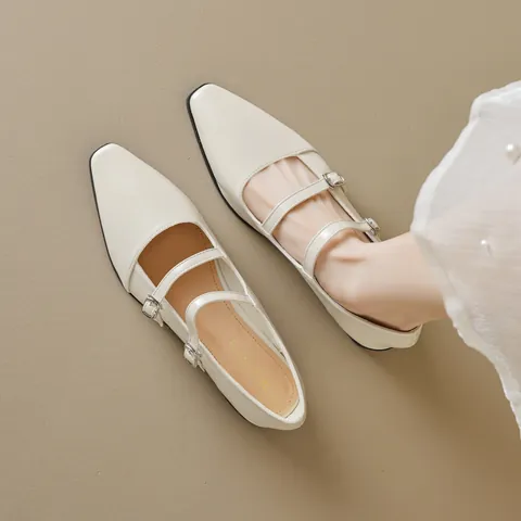 Women French Retro Mary Jane Flat Shoes Pointed Toe Double Buckle Strap Microfiber Leather Elegant Casual Daily Footwear