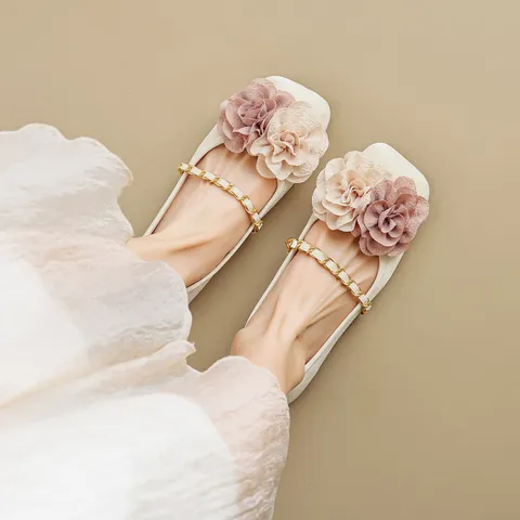 Women French Fairy Style Square Toe Flat Shoes 3D Fabric Flower Gold Chain Strap Microfiber Mary Jane Ballet Flats