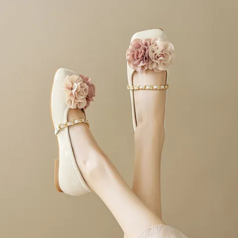 Women French Fairy Style Square Toe Flat Shoes 3D Fabric Flower Gold Chain Strap Microfiber Mary Jane Ballet Flats