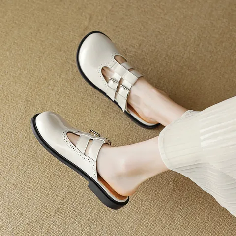 Women's Retro Mary Jane Mules Round Toe Double Buckle Strap Brogue Carving Backless Flat Shoes Casual Microfiber Leather Slip On Loafers