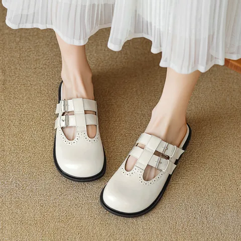 Women's Retro Mary Jane Mules Round Toe Double Buckle Strap Brogue Carving Backless Flat Shoes Casual Microfiber Leather Slip On Loafers