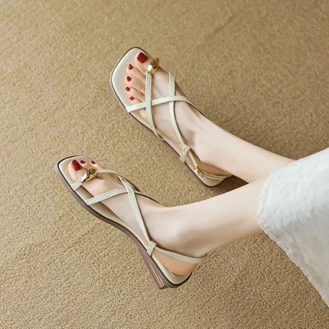 Women's Retro Microfiber Roman Sandals With Metal Decor Square Toe Buckle Strap Flat Sandals For Summer Travel Commute