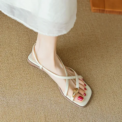 Women's Retro Microfiber Roman Sandals With Metal Decor Square Toe Buckle Strap Flat Sandals For Summer Travel Commute