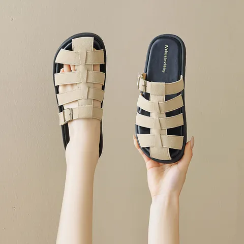 Women French Vintage Braided Roman Sandals Closed Toe Flat Mules Microfiber Leather Lightweight Summer Casual Beach Shoes With Metal Buckle