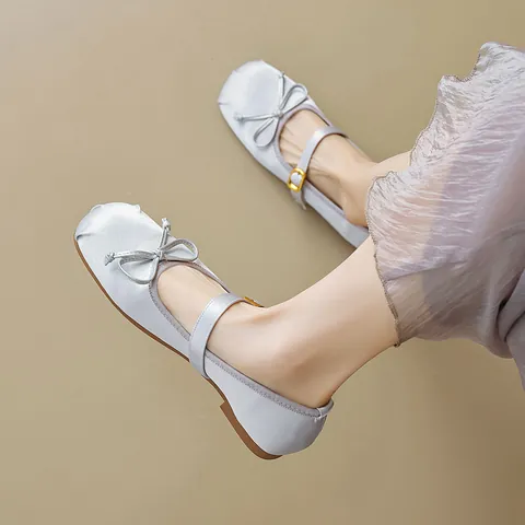 French Style Women Mary Jane Flat Shoes Bow Decoration Satin Matte Upper Square Toe Ballet Flats Comfortable Daily Walking Shoes