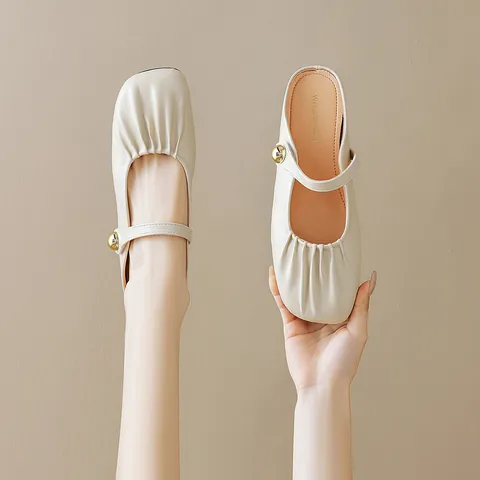 Women's Vintage Pleated Mary Jane Mules Gold Bead Buckle Ruched Flat Backless Loafers Comfortable Slip On Summer Shoes