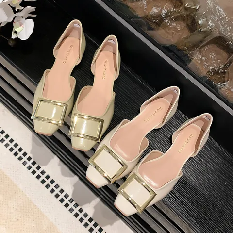 Women's Square Toe Flat Shoes Microfiber Leather Elegant French Style Slip-On D'Orsay Flats With Metal Square Buckle Casual Shoes