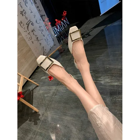 Women's Square Toe Flat Shoes Microfiber Leather Elegant French Style Slip-On D'Orsay Flats With Metal Square Buckle Casual Shoes