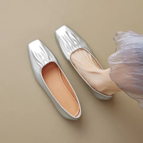 Women Ruched Square Toe Ballet Flats French Style Microfiber Leather Soft Sole Shallow Mouth Slip On Daily Flat Shoes