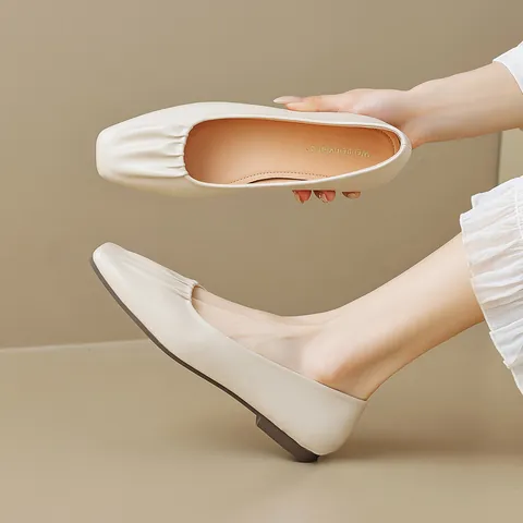 Women Ruched Square Toe Ballet Flats French Style Microfiber Leather Soft Sole Shallow Mouth Slip On Daily Flat Shoes