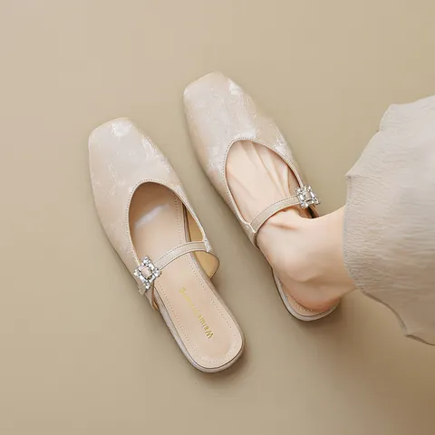 Women's Satin Flat Mules Square Toe Slippers With Sparkling Rhinestone Square Buckle Elegant French Style Summer Beach Walking Shoes