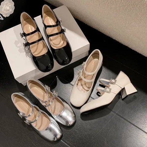 French Style Women's Mary Jane Shoes Rhinestone Double Strap Chunky Mid Heel Patent Microfiber Party Wedding Dress Pumps