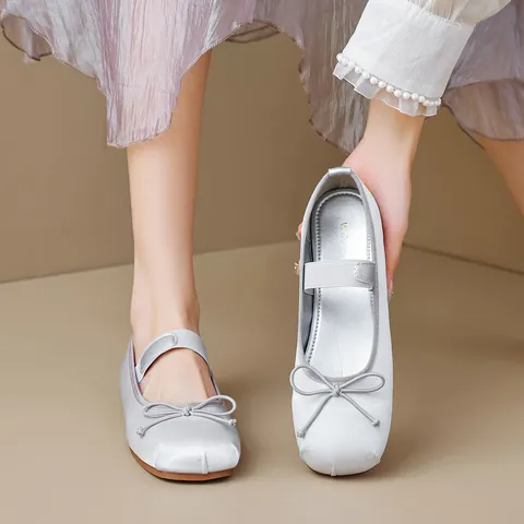 Women Elegant Satin Mary Jane Ballet Flats Soft Sole Round Toe Ballerina Shoes With Bow Decoration And Elastic Strap