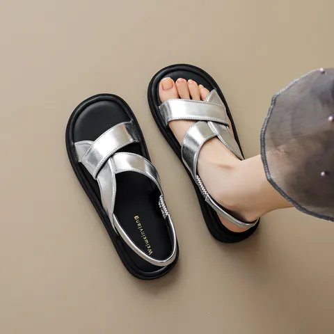 Women Cross Strap Sandals French Style Thick Sole Elastic Back Strap Platform Sandals Summer Fairy Style Walking Shoes