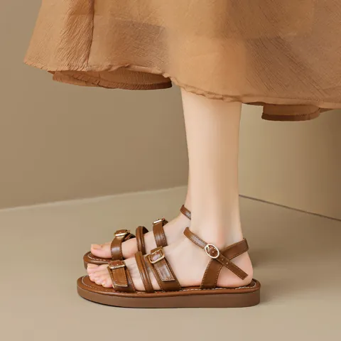 French Chic Roman Flat Sandals For Women Retro Multi Strap Buckle Microfiber Leather Comfortable Casual Walking Shoes