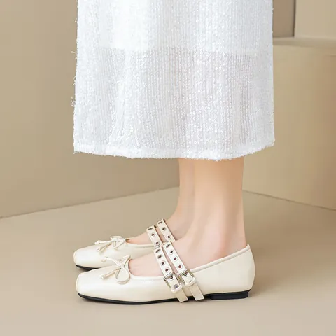 Women French Vintage Mary Jane Flats Microfiber Leather Square Toe Double Strap With Bowknot Grommet Soft Sole Casual Ballet Shoes