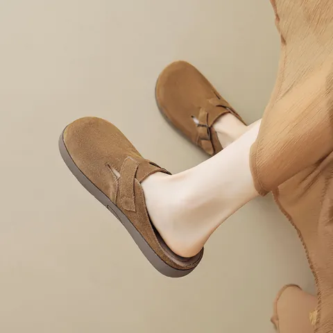 Women's Retro First Layer Cowhide Clogs Thick Sole Buckle Mules Casual Round Toe Slip-on Slippers Anti-slip Suede-look Shoes