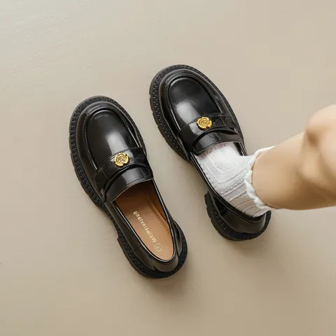 Platform Loafers For Women Black Microfiber Leather Vintage British Style Shoes With Gold Flower Metal Buckle Thick Heel Dress Shoes