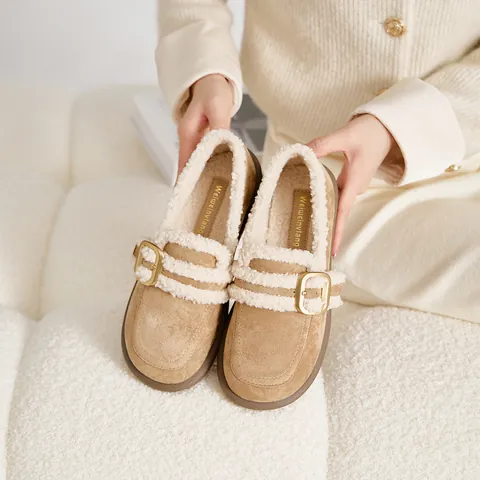 Women Birkenstock Style Loafers Faux Shearling Lined Winter Warm Shoes Microfiber Round Toe Flat Buckle Slip On Casual Footwear