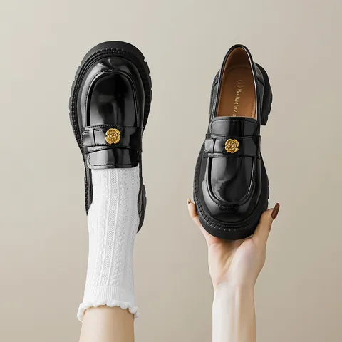 Platform Loafers For Women Black Microfiber Leather Vintage British Style Shoes With Gold Flower Metal Buckle Thick Heel Dress Shoes