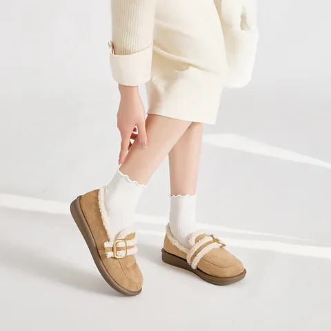 Women Birkenstock Style Loafers Faux Shearling Lined Winter Warm Shoes Microfiber Round Toe Flat Buckle Slip On Casual Footwear