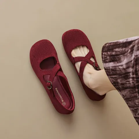 Vintage Suede Mary Jane Flats For Women Round Toe Cross Strap Ballet Shoes Wine Red Brown Black Low Top Casual Office Shoes