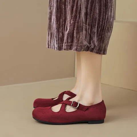 Vintage Suede Mary Jane Flats For Women Round Toe Cross Strap Ballet Shoes Wine Red Brown Black Low Top Casual Office Shoes