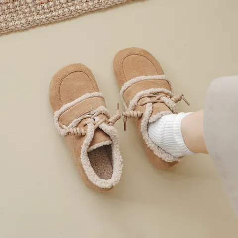 Women French Retro Color-Blocked Faux Lamb Wool Birken-Style Loafers Warm Microfiber Suede Flats Fur Lined Winter Casual Shoes