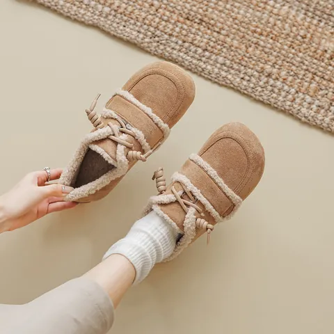 Women French Retro Color-Blocked Faux Lamb Wool Birken-Style Loafers Warm Microfiber Suede Flats Fur Lined Winter Casual Shoes