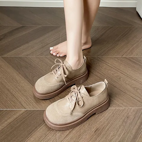 Women's Retro Microfiber Leather Loafers Round Toe Thick Sole Block Heel Lace Up British Style Casual Office Oxford Shoes