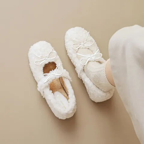 Women Sweet Sherpa Fleece Mary Jane Shoes Warm Winter Cotton Shoes With Bowknot Hidden Wedge Non Slip Rubber Sole Flats