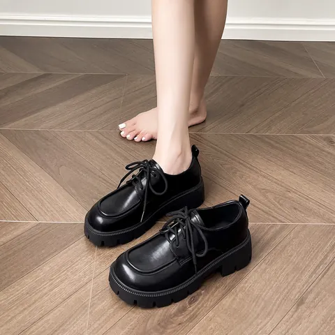 Mocasines con Plataforma para Mujer Punta Redonda con Cordones Zapatos Derby Cuero de Microfibra Tacón Grueso Estilo Preppy Británico Zapatos de Aumento de Altura