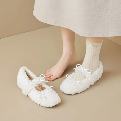 Women Sweet Sherpa Fleece Mary Jane Shoes Warm Winter Cotton Shoes With Bowknot Hidden Wedge Non Slip Rubber Sole Flats