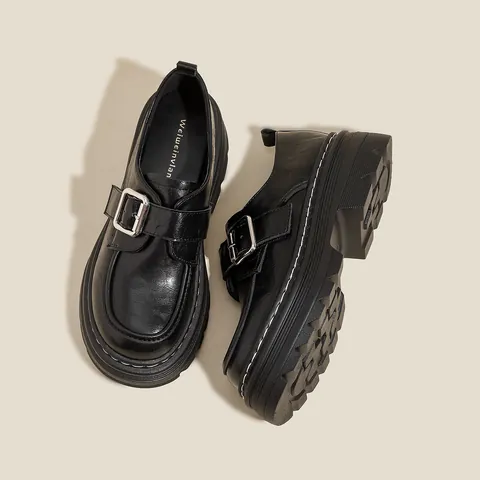 Mocasines de Plataforma Retro para Mujer Cuero de Microfibra Hebilla de Metal Punta Redonda Estilo Preppy Tacón Grueso Zapatos Casuales Negro