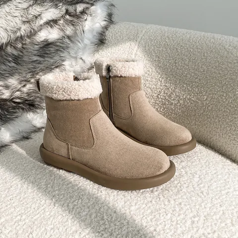 Women's Winter Snow Boots Suede Leather Thick Sole Warm Lamb Wool Lined Short Boots With Side Zipper Casual Outdoor Footwear