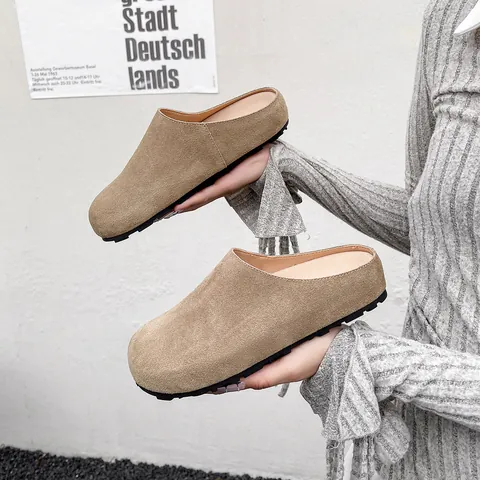 Women Genuine Leather Mules Closed Toe Thick Sole Slip On Casual Vintage Low Top Clogs For Ladies Daily Wear