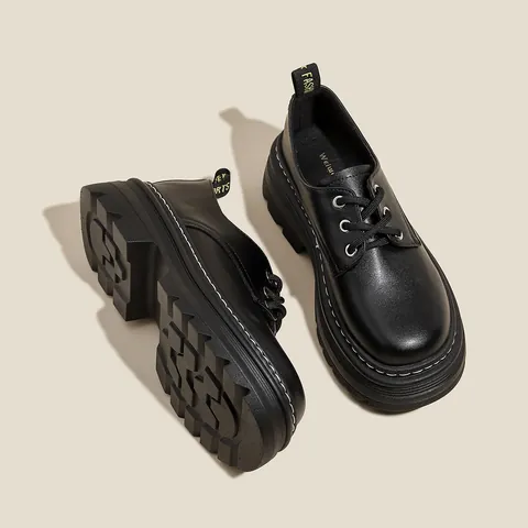 Mocasines con Plataforma de Estilo Británico para Mujer de Cuero de Microfibra con Cordones Tacón Grueso Zapatos Casuales Vintage