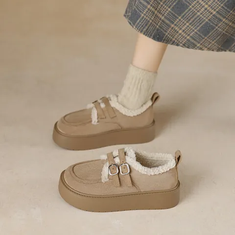 Women Vintage Suede Loafers Thick Sole Platform Winter Warm Fur Lined Shoes Solid Color Belt Buckle Casual Cotton Shoes