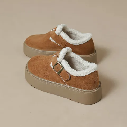Women Retro Suede Platform Mules Warm Faux Lamb Wool Lined Loafers Metallic Buckle Thick Sole Casual Slip On Winter Shoes