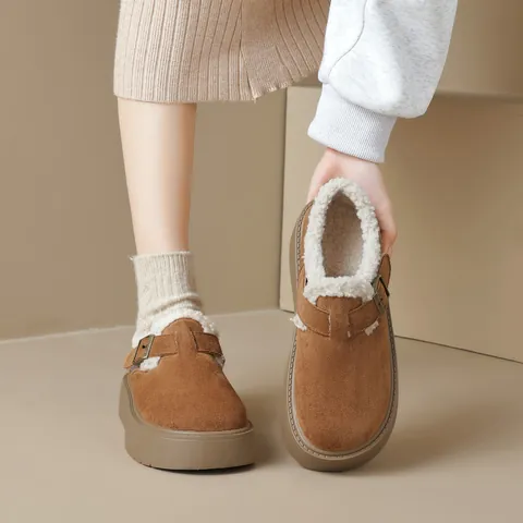 Women Retro Suede Platform Mules Warm Faux Lamb Wool Lined Loafers Metallic Buckle Thick Sole Casual Slip On Winter Shoes