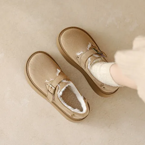 Women's Platform Suede Snow Boots Winter Warm Fleece Lined Birkenstock Style Shoes With Buckle Strap Height Increasing Casual Cotton Loafers