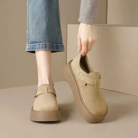 Women Suede Thick Sole Loafers Vintage Buckle Round Toe Platform Shoes Height Increasing Casual Daily Fashion Footwear