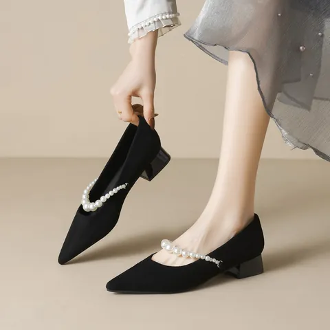 French Pointed Toe High Heels For Women Elegant Pearl Decor Suede Thick Heel Mary Jane Shoes Shallow Mouth Party Pumps
