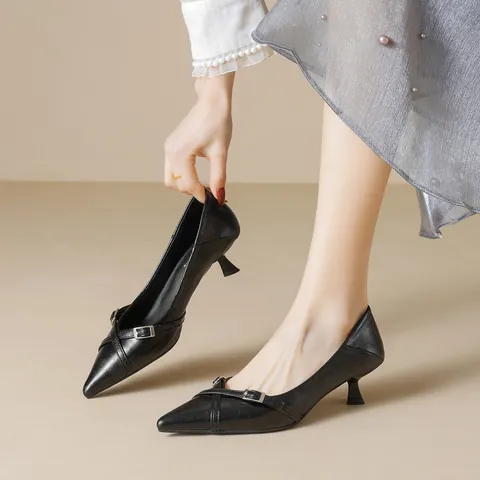 Women's Pointed Toe Kitten Heel Pumps Cross Strap Metal Buckle Microfiber Leather Elegant Office Shoes Commuter Heels