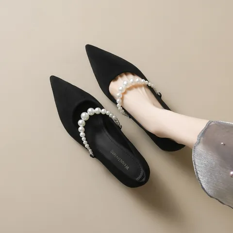 French Pointed Toe High Heels For Women Elegant Pearl Decor Suede Thick Heel Mary Jane Shoes Shallow Mouth Party Pumps