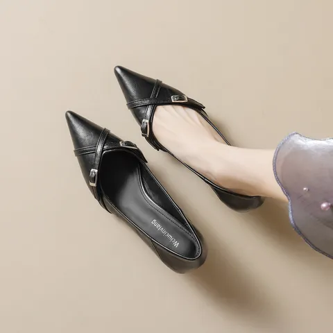 Women's Pointed Toe Kitten Heel Pumps Cross Strap Metal Buckle Microfiber Leather Elegant Office Shoes Commuter Heels
